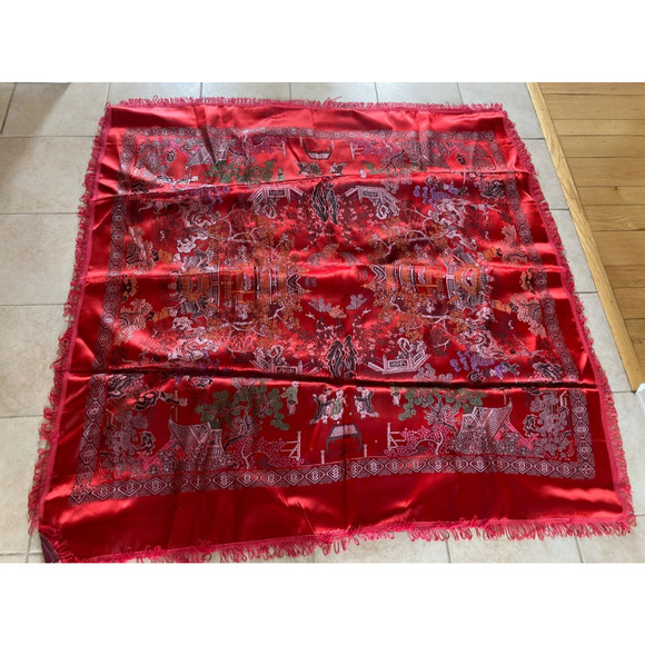 Vintage Asian Tapestry Brocade Piano Shawl Red Chinese 58" Tablecloth Excellent - Picture 1 of 12